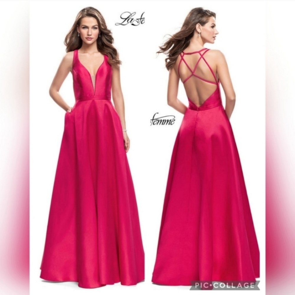 La Femme Raspberry Pink Polished Mikado V-Neck Plunge Neckline Ball Gown Size 2